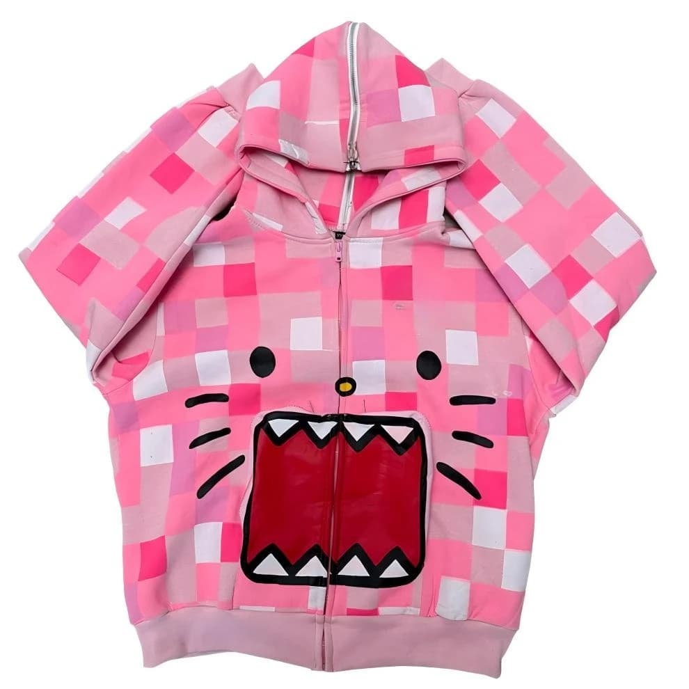 Y2k Retro Men Women Zipper Hoodie Harajuku Hip Hop Cartoon Cat Print Camo Hoodies Couple Casual Loose Outdoor Sweatshirt Clothes