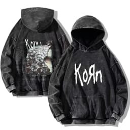 Korn Rock Band Vintage Washed Hoodies Korn Rock Hooded Sweatshirts Punk Oversized Long Sleeves Fashion Casual Pullover Unisex