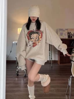 Cartoon Print Long Sleeve round Neck Sweatshirt Women's Loose Fit Comfortable Style Mid-Length Casual Top for Early Autumn