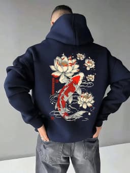 Beautiful Japanese Lotus Koi Prints Daily Comfy Hooded Casual Basics Clothing Autumn Pocket Streetwear Classic Loose Pullovers