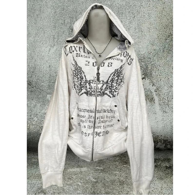 Gray Zipper Hoodie Unisex Loose Lazy Style High Street Letter Print Sweatshirt Autumn Winter Casual Fashion Youth Culture