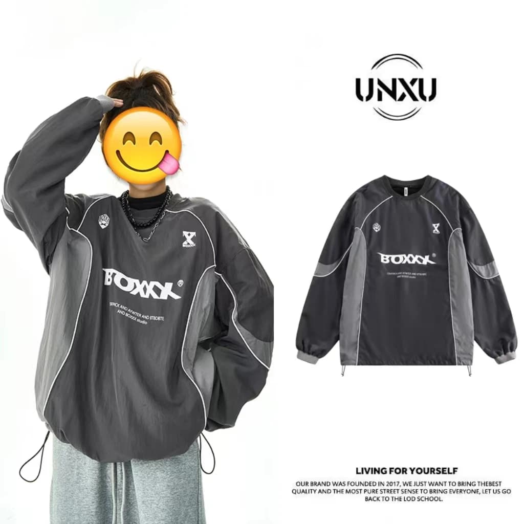 Unxu American Retro Functional Style Color Block Letter Print round Neck Couple Hoodies Men Spring 2024 Casual Wear Waterproo...
