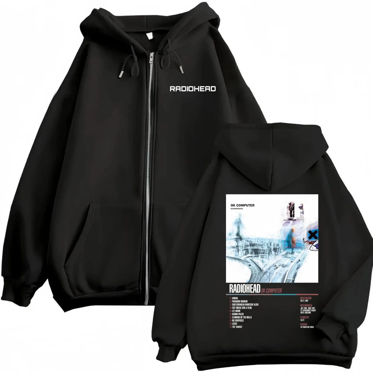 Radiohead Music Album Poster Graphic Zipper Hoodie Men's Women's Fashion Rock Zip Up Pullovers High Quality Fleece Sweatshirts