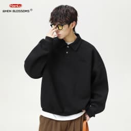 HANGLU 2025 Men's Oversized Collar Sweatshirt Vintage Button Placket Long Sleeve Polo Pullover Loose Fit Streetwear Top