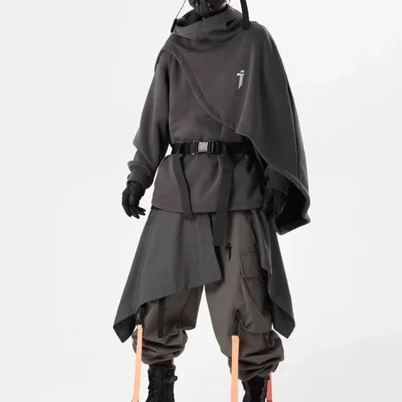 Japanese Heavy Industry Cloak Sweatshirt Functional High Collar Cloak Men's Loose Hooded Fake Two-piece Pullover Couple Coat