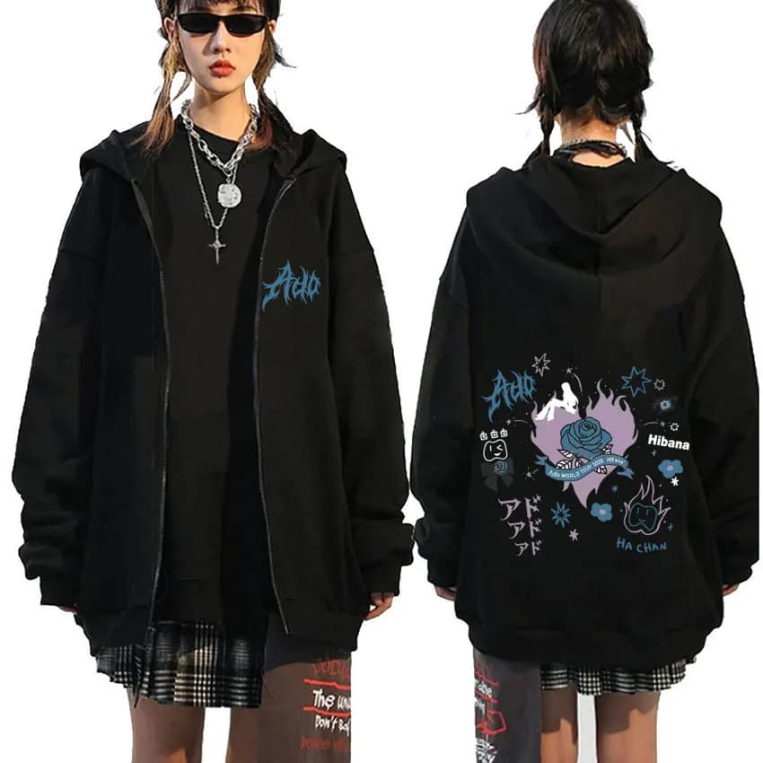 Ado World Tour 2025 Hibana Zipper Hoodie Men Women Fashion Japanese Cartoon Manga Style Zip Up Jacket Unisex Casual Sweatshirt