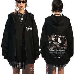 Korn Rock Band Ftl 25 Follow The Leader Zipper Hoodie Men Women Gothic Casual Zip Up Hoodies Men's Vintage Graphic Zip Up Jacket