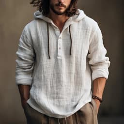 Men Cotton Linen Hooded Coats Autumn Spring Male Button Tie Collar Long Sleeve Solid Color Pullover Sweashirt Beachwear