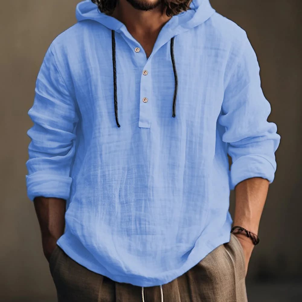 Men Cotton Linen Hooded Coats Autumn Spring Male Button Tie Collar Long Sleeve Solid Color Pullover Sweashirt Beachwear