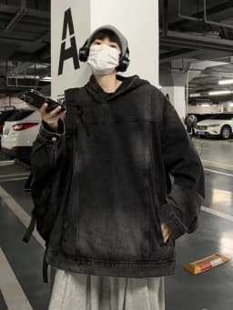 Black Faded Denim Hoodie Jacket Loose Fit Men's Trendy Brand Hip Handsome Washed High Street Oversize Long Sleeve Top
