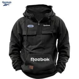 Reebok Men's Muscle Sports Workwear Style Autumn/Winter New Fashion Solid Color Multi-Pocket Long-Sleeved Hooded Sweatshirt