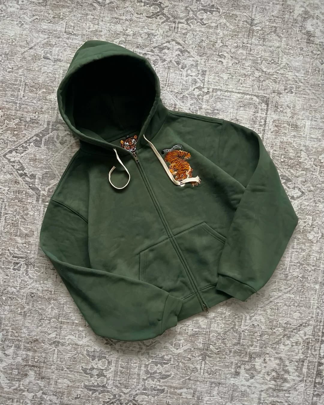 Tiger Embroidered Pattern Hip Hop Street Green Zipper Hoodie Harajuku Style Men Y2k Warm Retro Sports Casual Loose Soft Hoodie