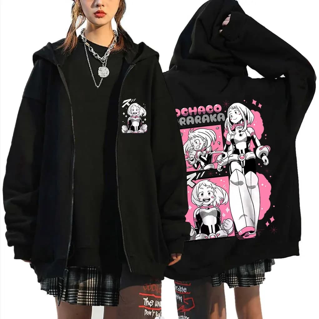 Anime My Hero Academia Zipper Hoodie Cartoon Ochaco Uraraka Zip Up Jacket Men Women Y2k Cute Kawaii Oversized Zip Up Sweatshirt