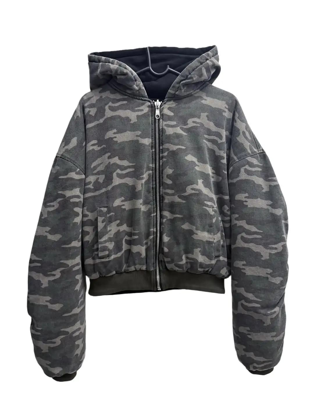 Mens Womens American Street Camouflage Cropped Zip Up Hoodie Loose Fit Drop Shoulder Reversible Jacket Casual Streetwear Top