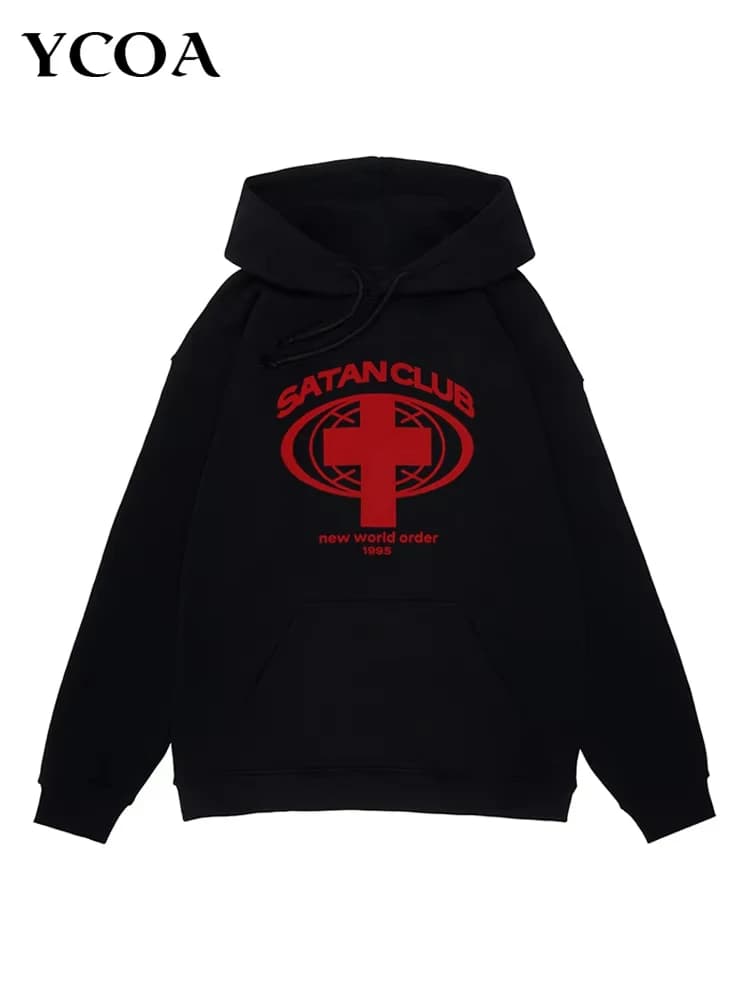 Men's Sweatshirts Satan Club Graphic Hoodies Oversized Winter Harajuku Long Sleeve Tops Korean Fashion Y2k Streetwear Clothing