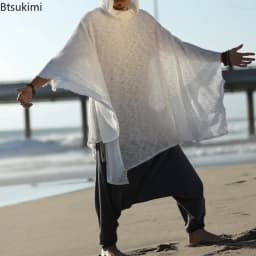 2026 Men's Outdoor Casual Breathable Shawl Robe Vintage Men Solid Color Loose Breathable Capes Mens Bohemian Sunproof Cover-up