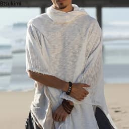 2026 Men's Outdoor Casual Breathable Shawl Robe Vintage Men Solid Color Loose Breathable Capes Mens Bohemian Sunproof Cover-up