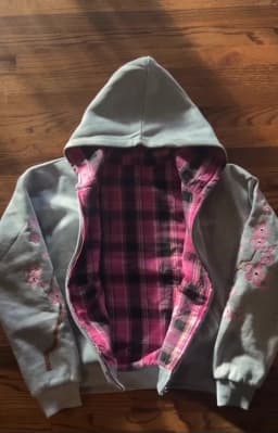 Y2K Vintage Cherry Blossom Embroidery Zipper Hoodie Harajuku Loose Reversible Simple Grid Jacket Men Women Pink Coat Streetwear