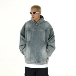 Men Retro Washed Denim Hoodie Korean Fashion Harajuku Casual Loose Hooded Pullover Coat Japanese Streetwear Men Clothing