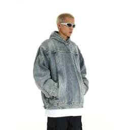 Men Retro Washed Denim Hoodie Korean Fashion Harajuku Casual Loose Hooded Pullover Coat Japanese Streetwear Men Clothing
