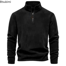 2026 Men's Winter Warm Fleece Tops Sweatshirts Casual Long Sleeve Zipper Stand Collar Pullover Tops Fashion Solid Sweatshirts