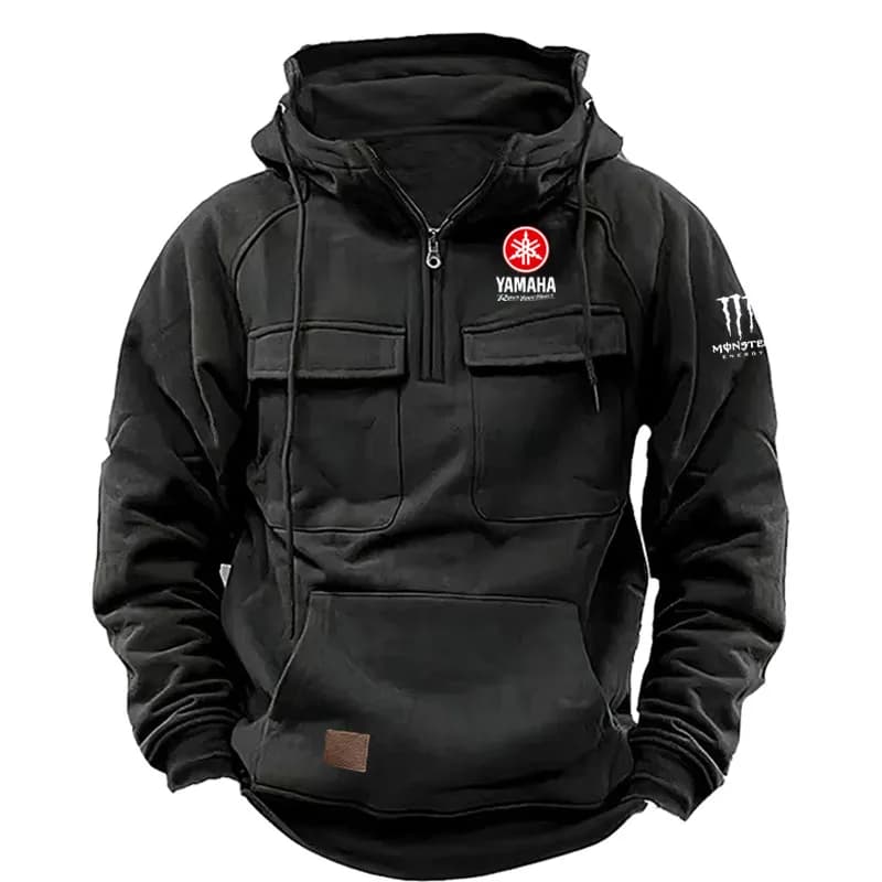 Yamaha Logo Men's Casual Hooded Sweatshirt New Style Outdoor Thick Fashionable Loose Long-Sleeved Pullover with Multiple Pockets