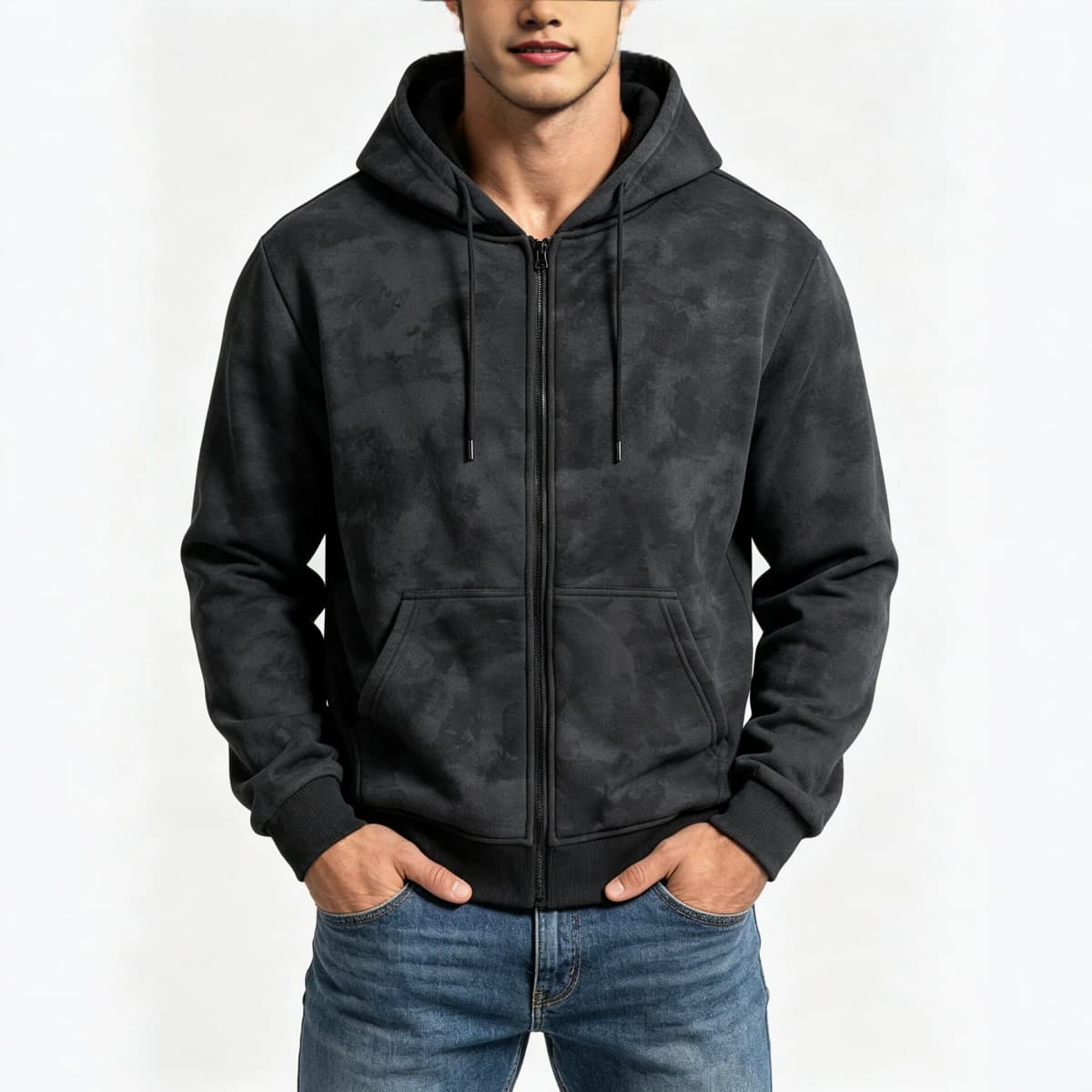 Men Tie Dye Zip Up Hoodie Heavyweight Full Zip Hooded Sweatshirt European High Street Loose Streetwear Autumn Casual Outerwear J