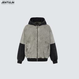 American Style Fake TwoPiece Spliced Sweatshirt Jacket Hooded Distressed Washed Contrasting Top High Street Heavyweight Cardigan