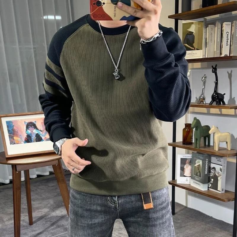 New Men's Long Sleeved Round Neck Pullover Casual Base Sweater with Vertical Stripe Splicing Contrasting Color Sweatshirt XJ170