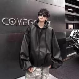 Korean Style High Street PU Leather Hooded Jacket for Men 2026 Autumn Winter New Men's Loose Zipper Hoodie Coat Japan Streetwear