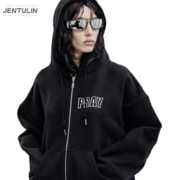 Hip Hop Men Women Zip Up Hoodie Pray Graphic Print Zipper Hooded Oversized Sweatshirt Streetwear Jacket Y2K Coat Clothing Gothic