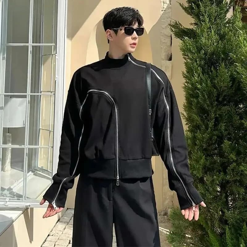 Men's Fashion Short Style Temperament Bottom Shirt Personalized Zipper Design Long Sleeve T-shirts