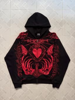 Mens Loose Long Sleeve Streetwear Hooded Sweatshirt Gothic Black Full Zip Hoodie Red Skull Heart Pattern Print and Letter Design