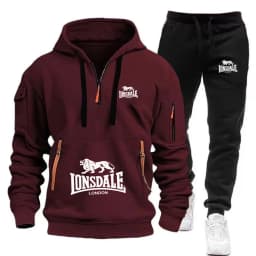2026 New LONSDALE Autumn and Winter Men's Hooded Sweatshirt Set Kangaroo Pocket Sweatshirt Sports Pants Two-Piece Set Fleece