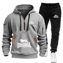 2026 New LONSDALE Autumn and Winter Men's Hooded Sweatshirt Set Kangaroo Pocket Sweatshirt Sports Pants Two-Piece Set Fleece