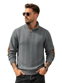 Men's Jacquard POLO Shirt Henry Neck Long Sleeve Patch Embroidered Pullover Casual Men's Sweater Men's