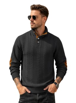 Men's Jacquard POLO Shirt Henry Neck Long Sleeve Patch Embroidered Pullover Casual Men's Sweater Men's