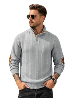 Men's Jacquard POLO Shirt Henry Neck Long Sleeve Patch Embroidered Pullover Casual Men's Sweater Men's
