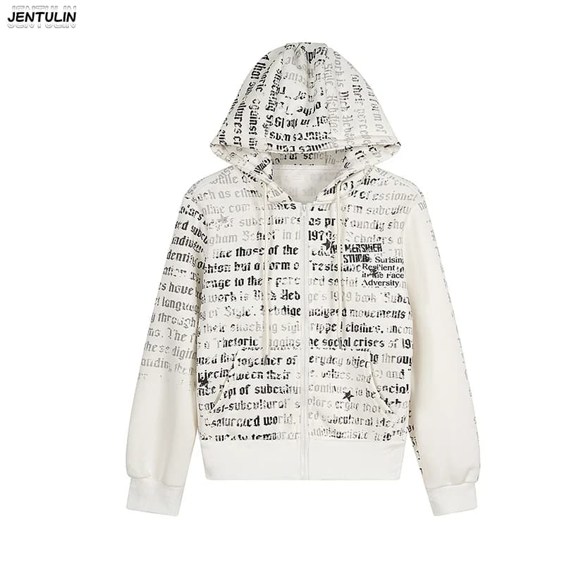 New American Style Lightweight Asian Design Printed Hoodie Jacket Short Cardigan Zipper Hooded Sweatshirt Y2k Clothing