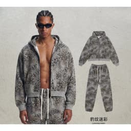 2026 New American Leopard Zipper Hoodie for Men Y2K Retro High Street Men's Hooded Jacket and Leopard Print Pants Streetwear