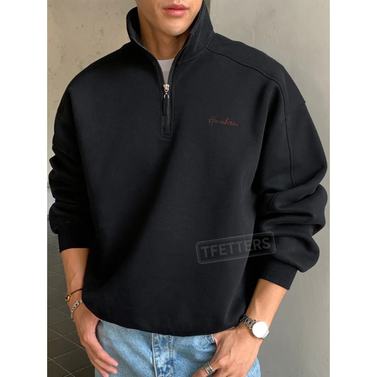 TFETTERS EU Size 2026 Autumn Casual Half Zip Pullover Men Stand Collar Minimal Letter Embroidered Long Sleeve Sweatshirt Man