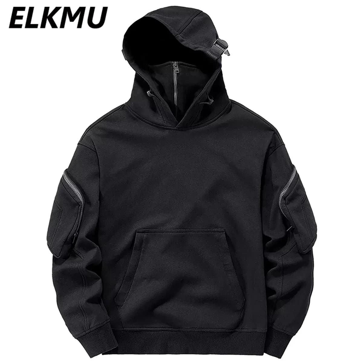 Streetwear Hoodies Harajuku Y2K Hip Hop Sweatshirts High Neck Mask Windproof Pullovers Dark Black Techwear Cargo Tops