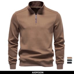 AIOPESON Men's Half Zip Pullover Stand Collar Solid Color Warm Cozy Long Sleeve Sweatshirt Autumn Winter Casual Lightweight Tops