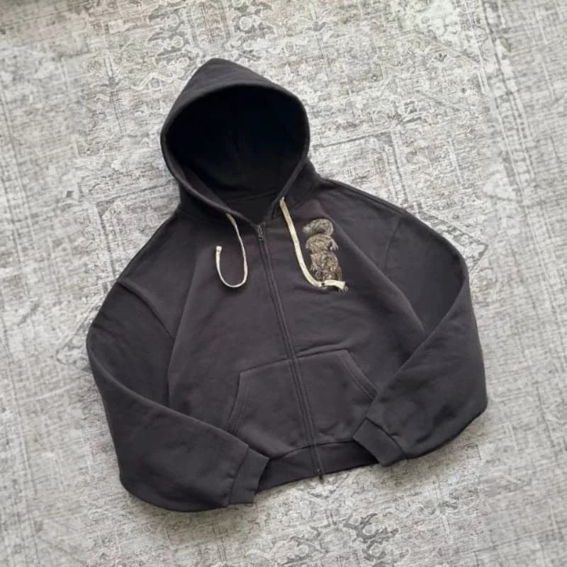 2026 New Retro Tiger Embroidered Zipper Hoodie Coat American Y2k Men's High Street Casual Loose Hoodie Jacket Streetwear