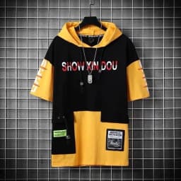 Loose Fit Men's Hoodie Short Sleeve T-Shirt Color Block Design Casual Streetwear Hip Hop Style Spring Summer Fashion Top