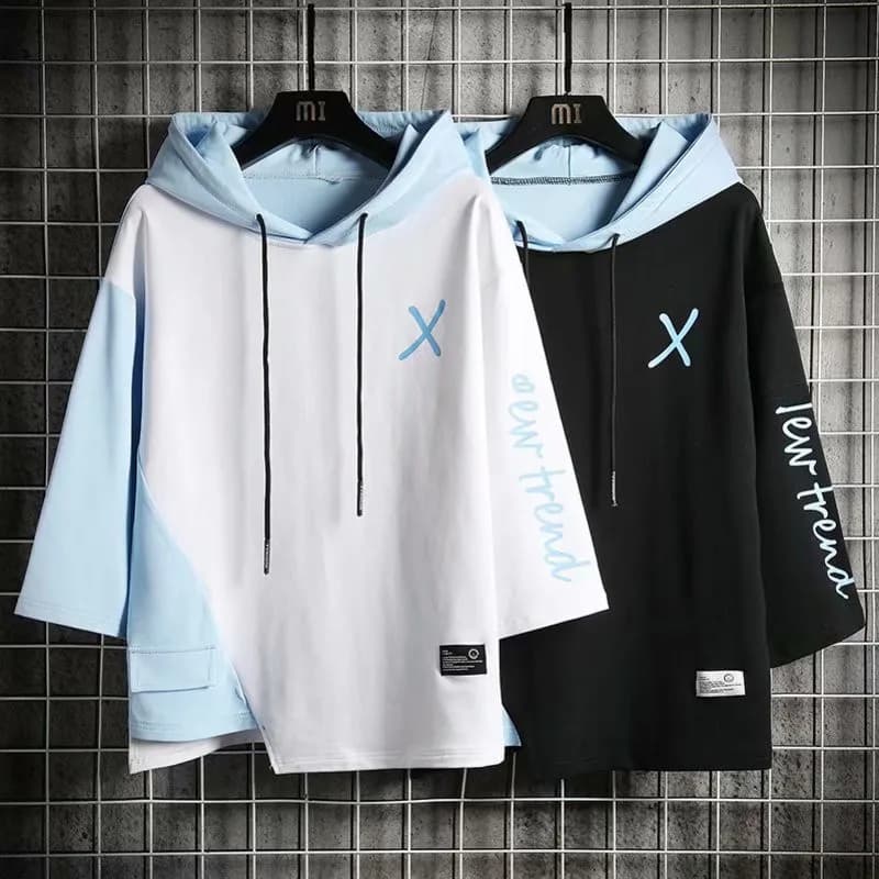 Loose Fit Men's Hoodie Short Sleeve T-Shirt Color Block Design Casual Streetwear Hip Hop Style Spring Summer Fashion Top