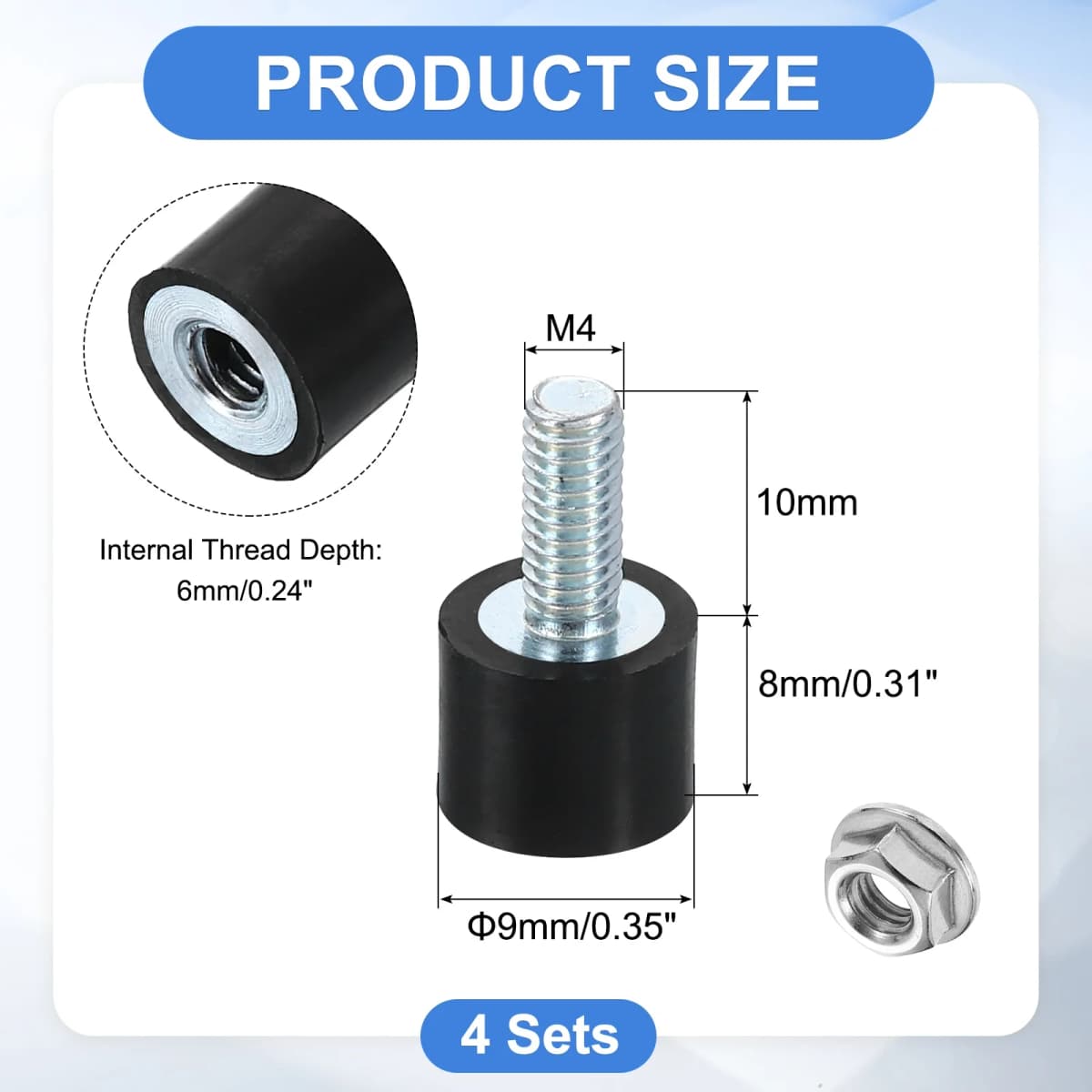 4Pcs M3 M4 M5 M6 M8 Rubber Mounts Cylindrical Anti Vibration Isolator Shock Absorber with Lock Nut for Generator Air Compressors