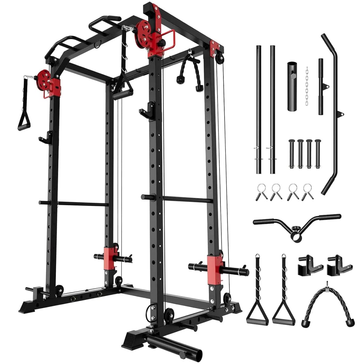 Power Cage with Dual Pulley System, 1600LB Multi-Function Squat Rack | Cable Crossover & LAT Pull Down, All-in-One, Customized