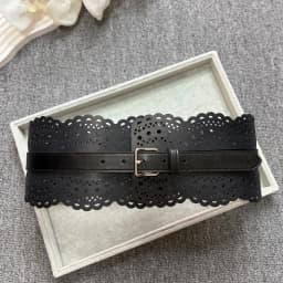Cut Out Carved Leather Waist Closure Pin Buckle Leather Wide Belt Dress Waist Geometric Decoration Silver Buckle Wide Belt