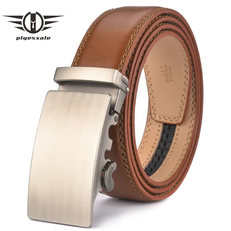 Plyesxale Brown Leather Belt Men 2026 Automatic Buckle Mens Belt For Jeans Vintage Style Mens Belts Luxury Ceinture Homme B9
